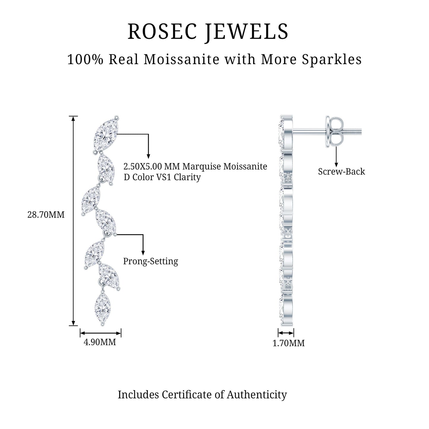 Marquise Moissanite Leaf Dangle Earrings in Sterling Silver