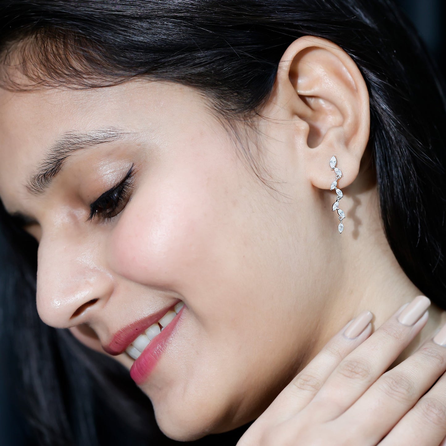 Marquise Moissanite Leaf Dangle Earrings in Sterling Silver