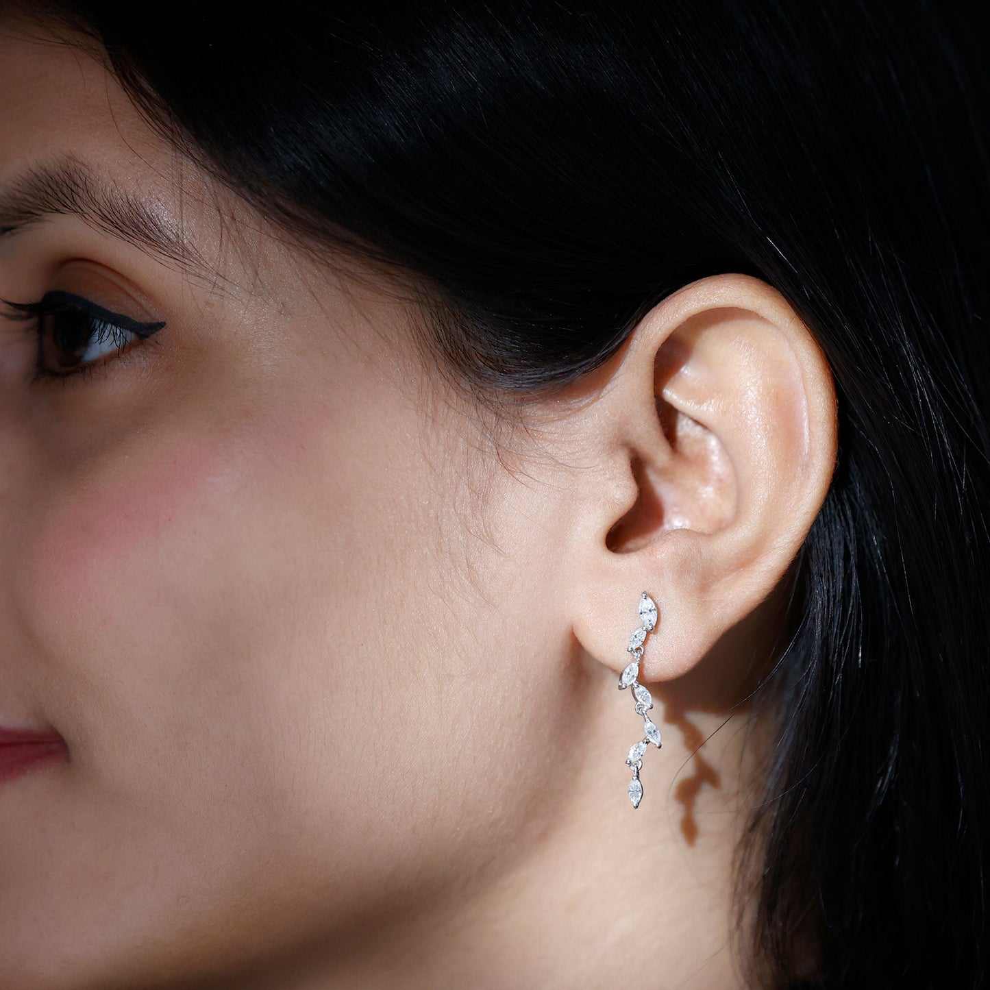 Marquise Moissanite Leaf Dangle Earrings in Sterling Silver