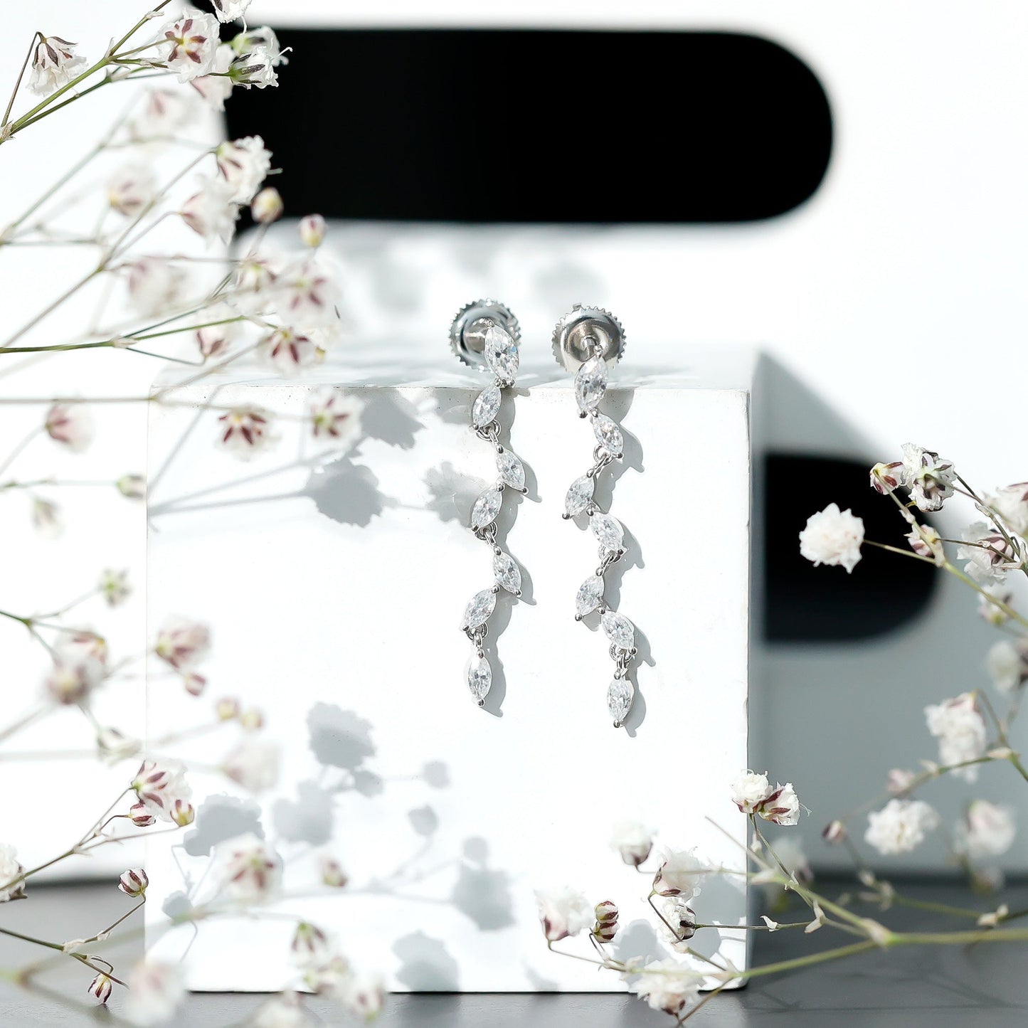Marquise Moissanite Leaf Dangle Earrings in Sterling Silver