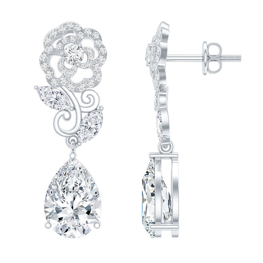 4.5 Carat Pear Shaped Moissanite Rose Flower Dangle Earrings for Wedding