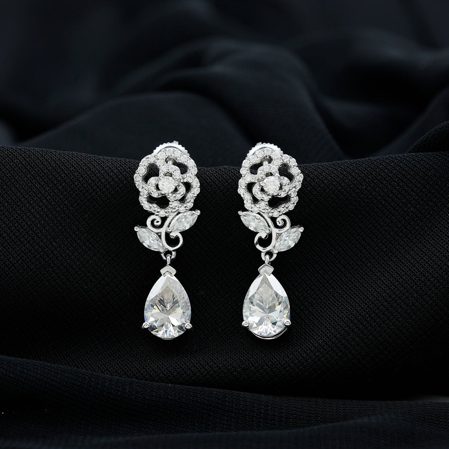 4.5 Carat Pear Shaped Moissanite Rose Flower Dangle Earrings for Wedding