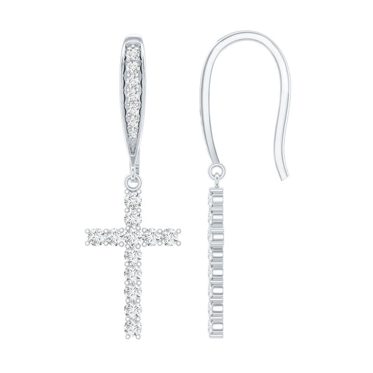 Certified Moissanite Cross Dangle Earrings in Sterling Silver