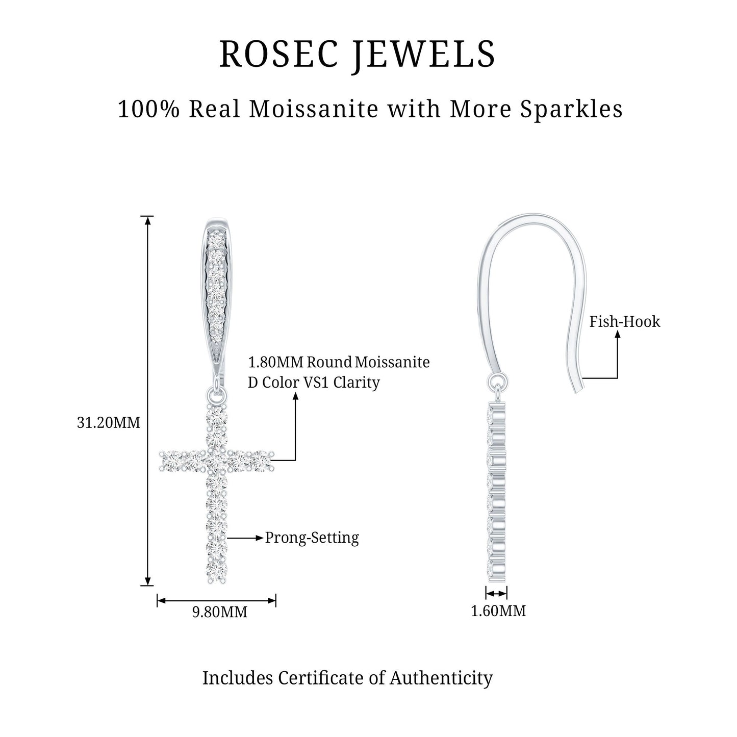 Certified Moissanite Cross Dangle Earrings in Sterling Silver