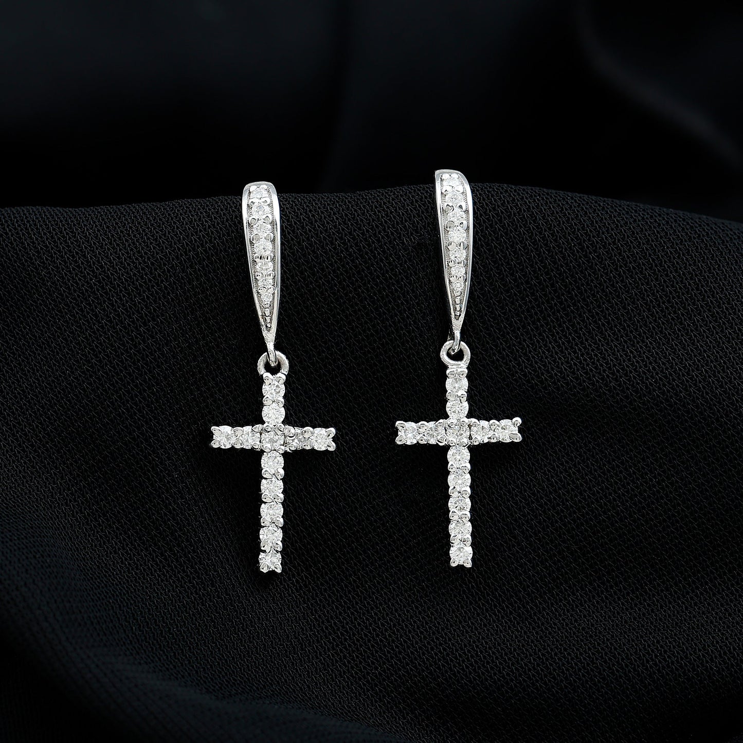 Certified Moissanite Cross Dangle Earrings in Sterling Silver
