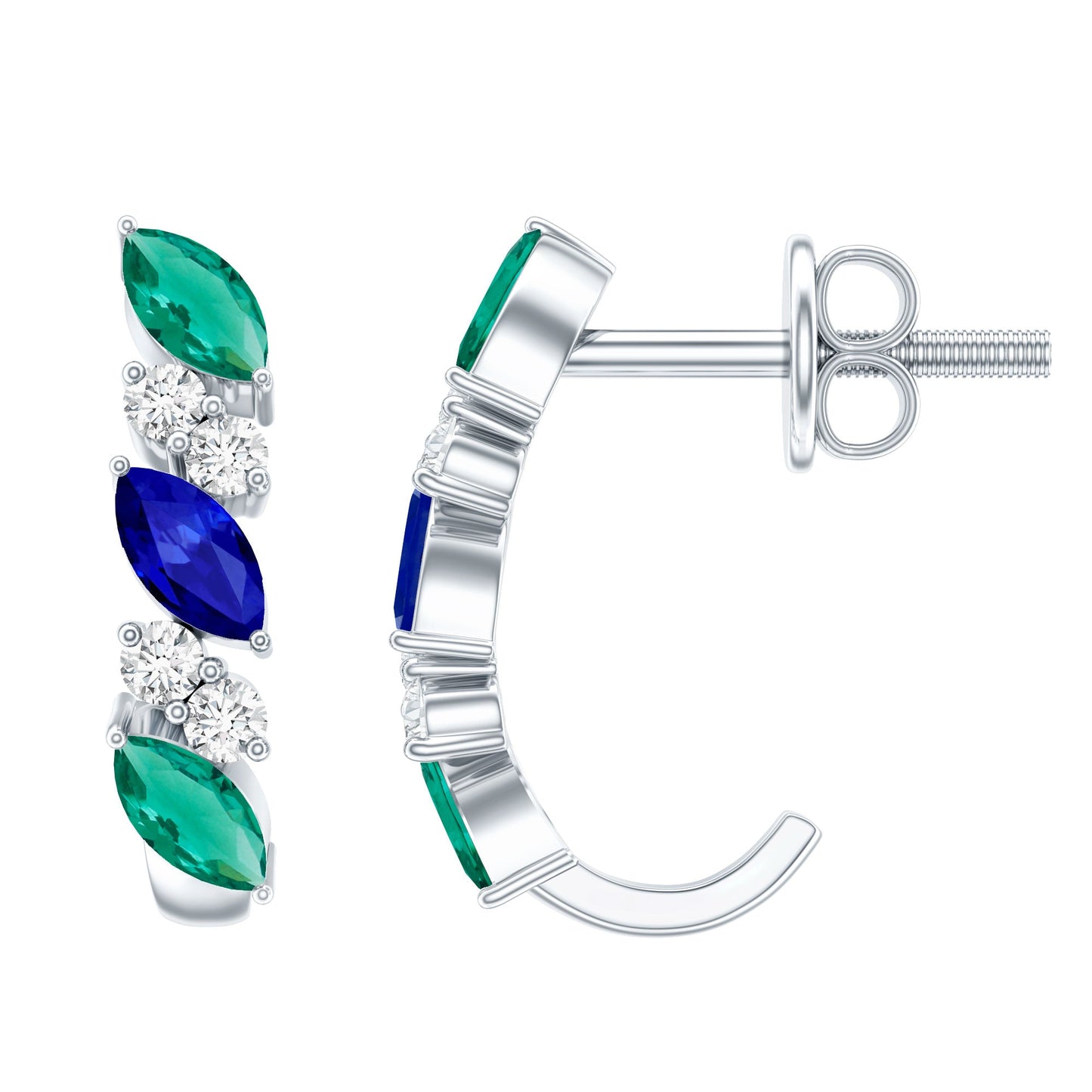 Certified Lab Grown Emerald and Sapphire Hoop Earrings in Sterling Silver