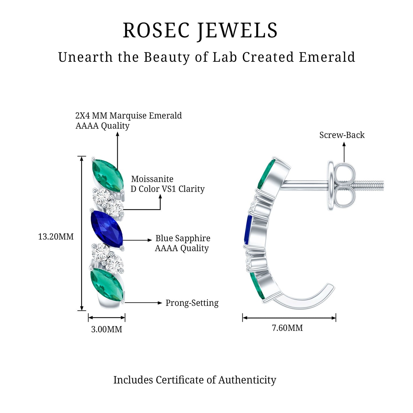 Certified Lab Grown Emerald and Sapphire Hoop Earrings in Sterling Silver