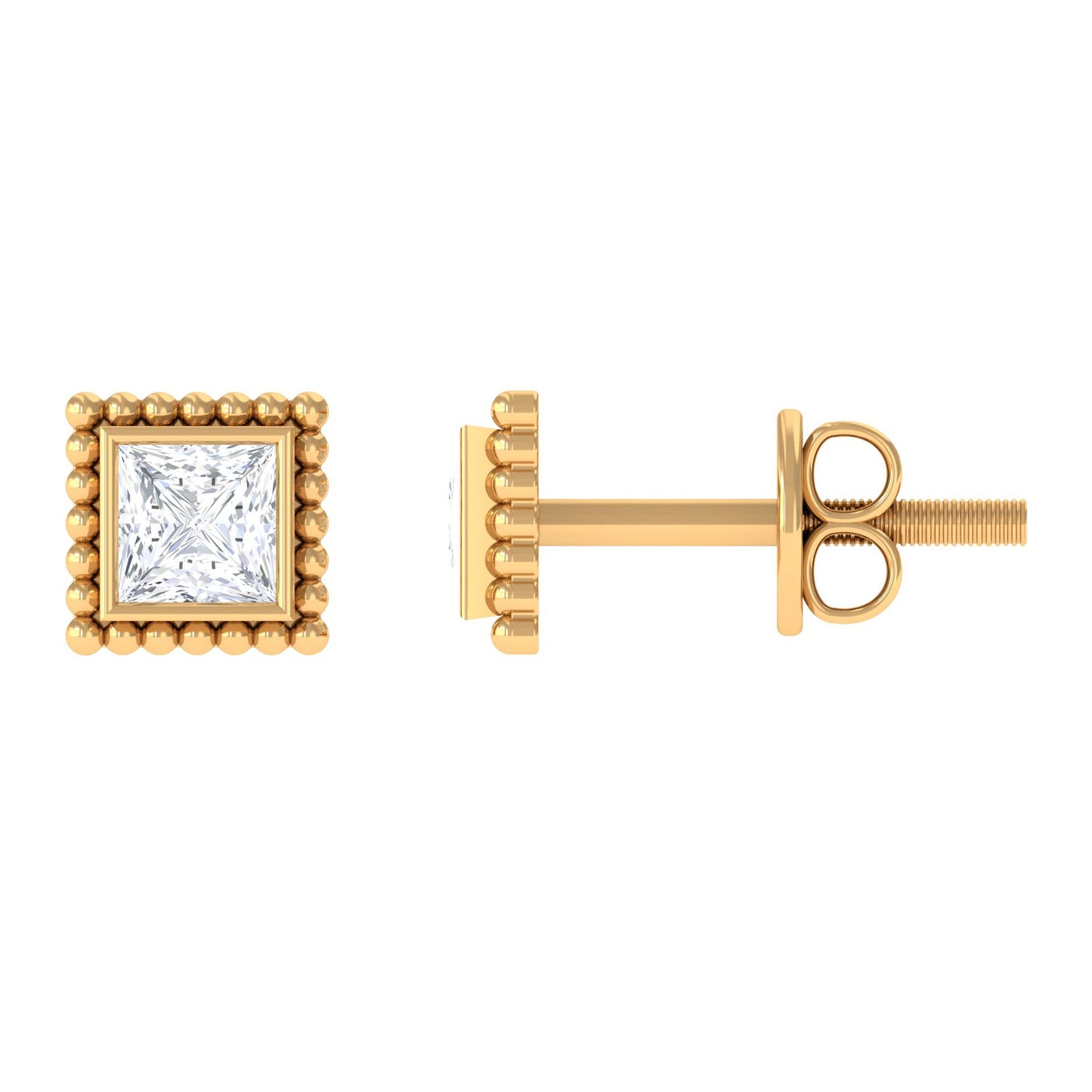 1/4 CT Real Diamond Solitaire Gold Beaded Stud Earrings