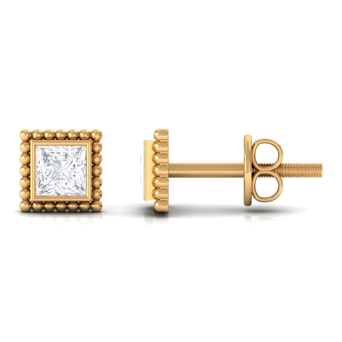 1/4 CT Real Diamond Solitaire Gold Beaded Stud Earrings