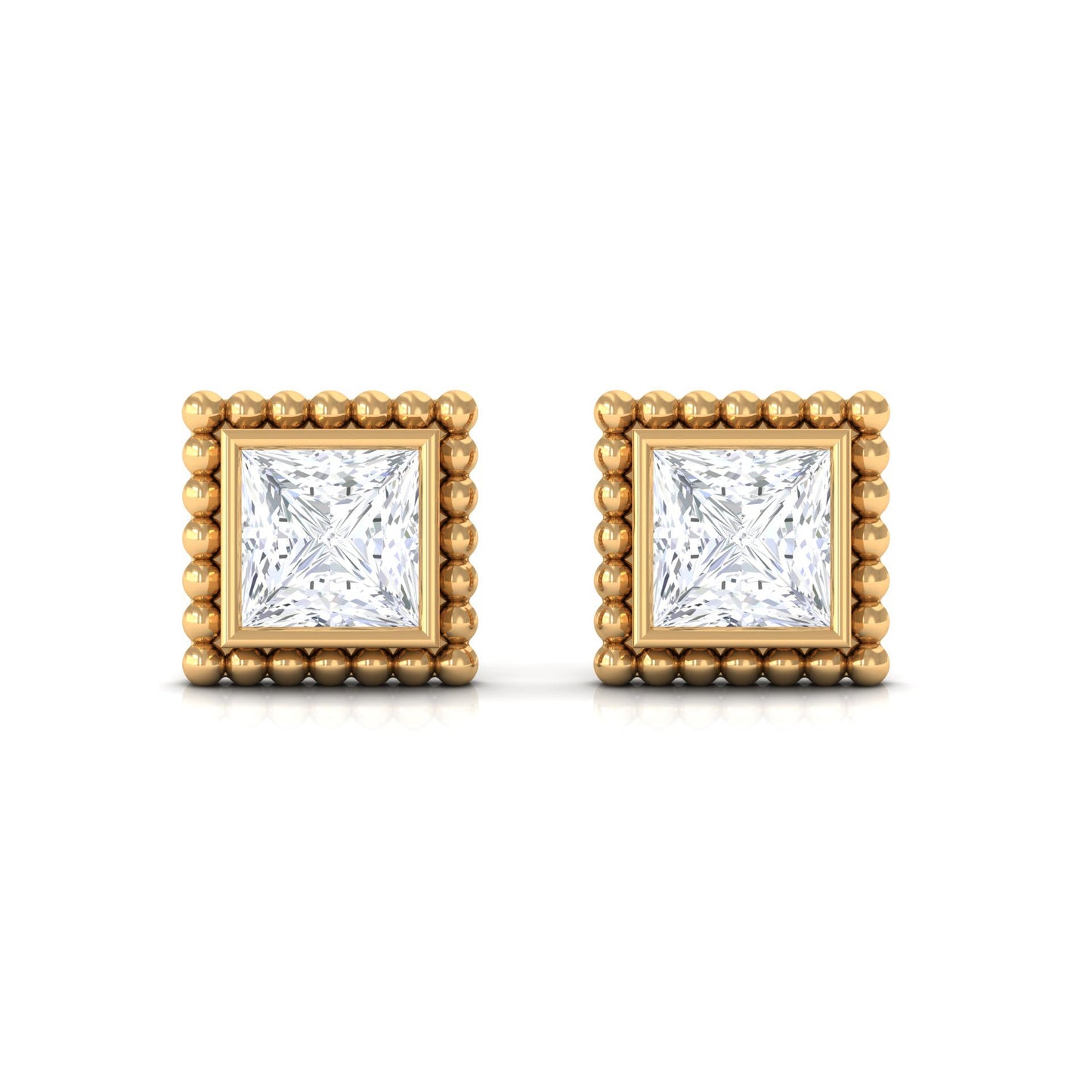 1/4 CT Real Diamond Solitaire Gold Beaded Stud Earrings