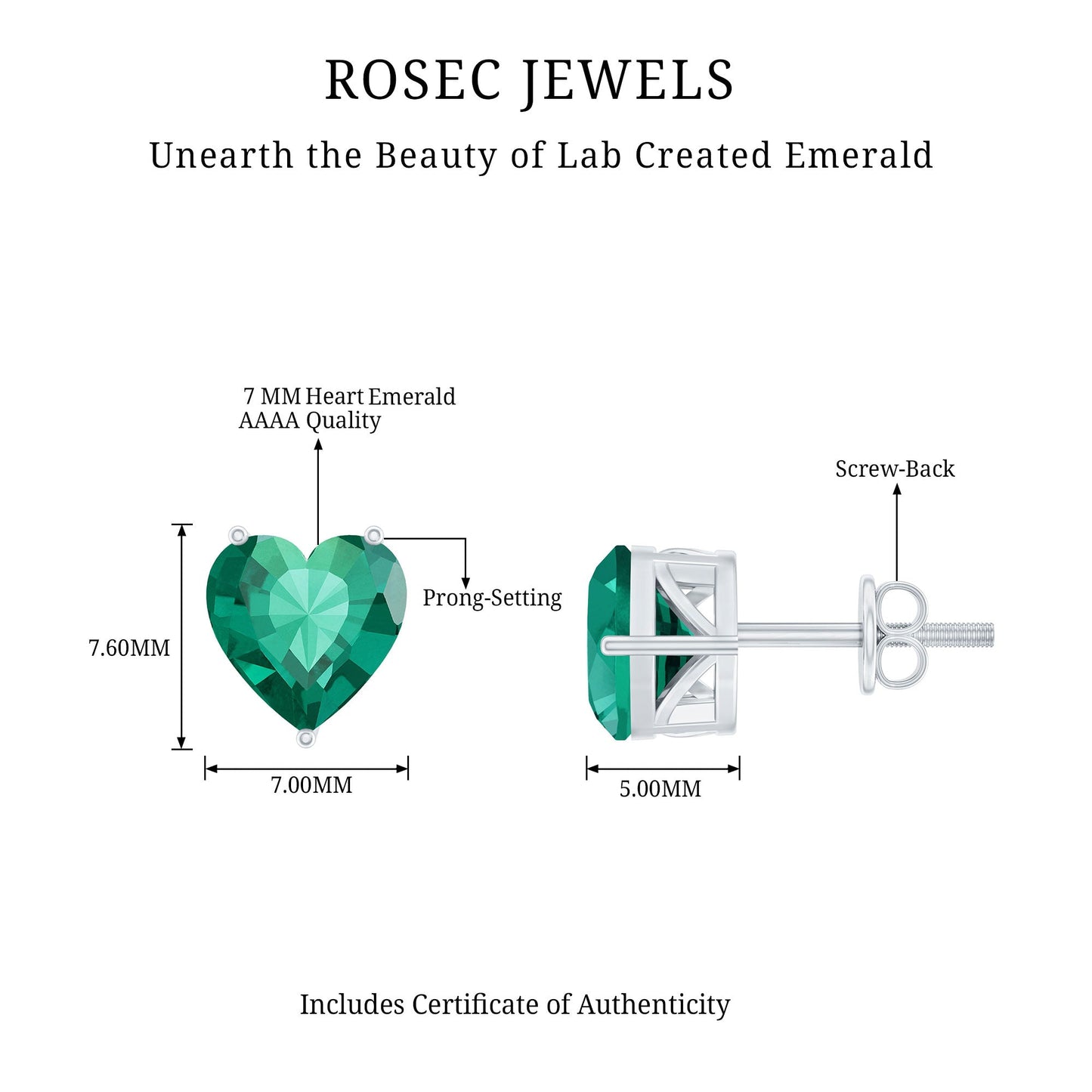 7MM Heart Shape Lab Created Emerald Solitaire Stud Earrings