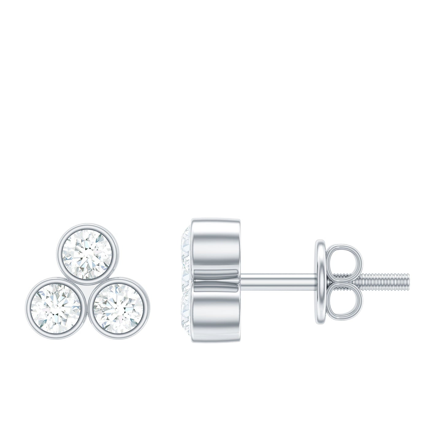 Bezel Set Round Cut Moissanite Three Stone Stud Earrings