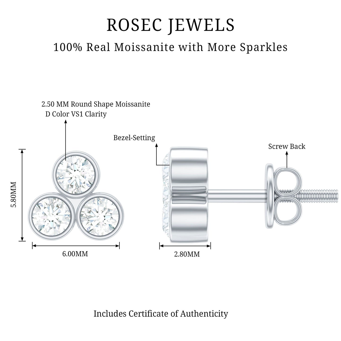 Bezel Set Round Cut Moissanite Three Stone Stud Earrings