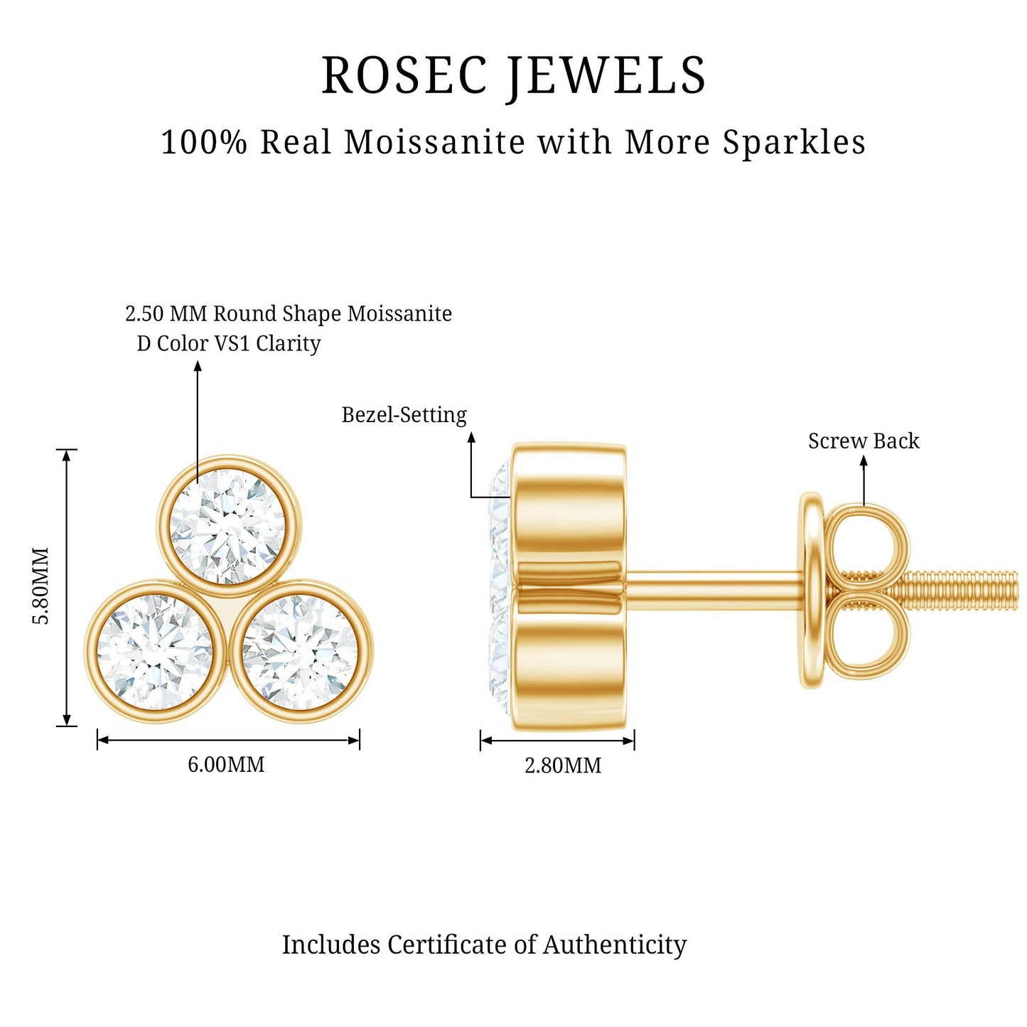 Bezel Set Round Cut Moissanite Three Stone Stud Earrings