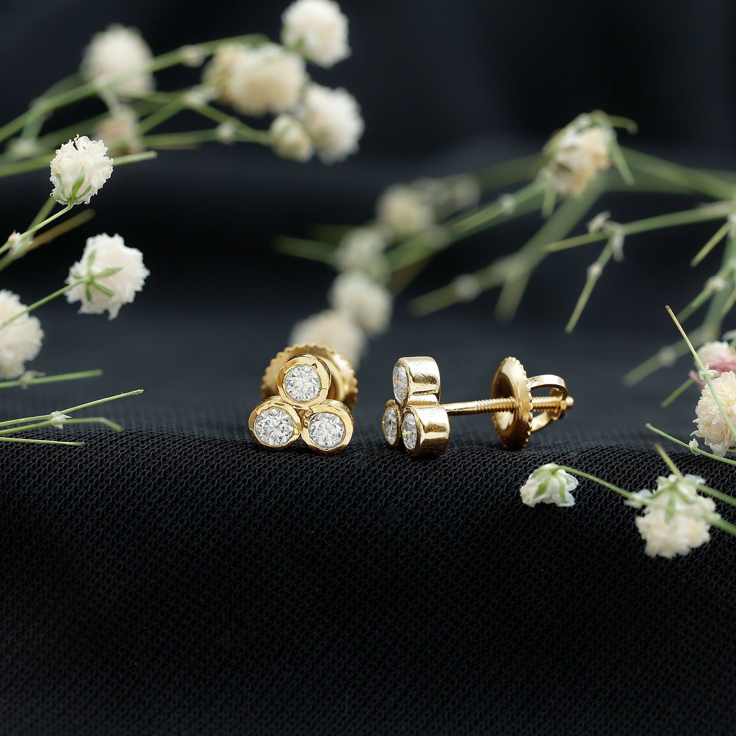 Bezel Set Round Cut Moissanite Three Stone Stud Earrings