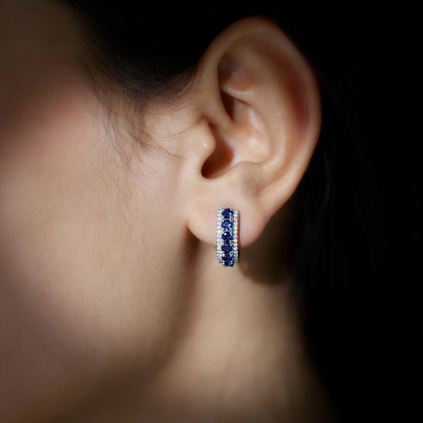 Certified Lab Created Blue Sapphire Hoop Earrings With Moissanite