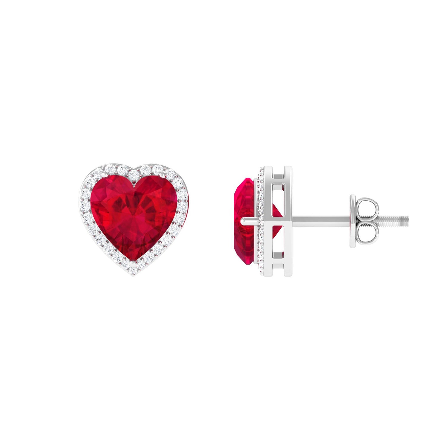 8 MM Heart Shape Created Ruby Halo Stud Earrings with Diamond