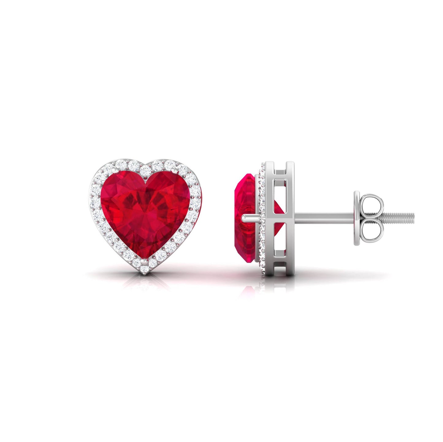 8 MM Heart Shape Created Ruby Halo Stud Earrings with Diamond
