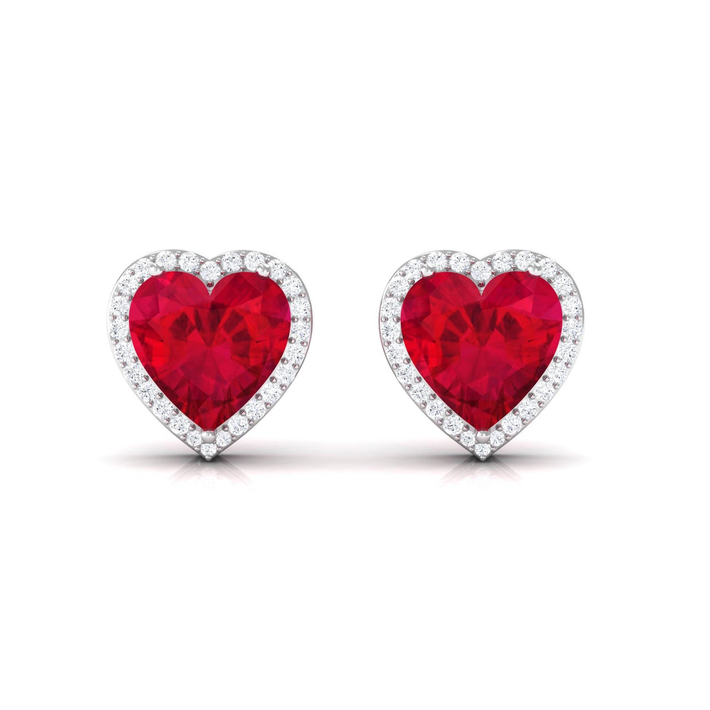 8 MM Heart Shape Created Ruby Halo Stud Earrings with Diamond