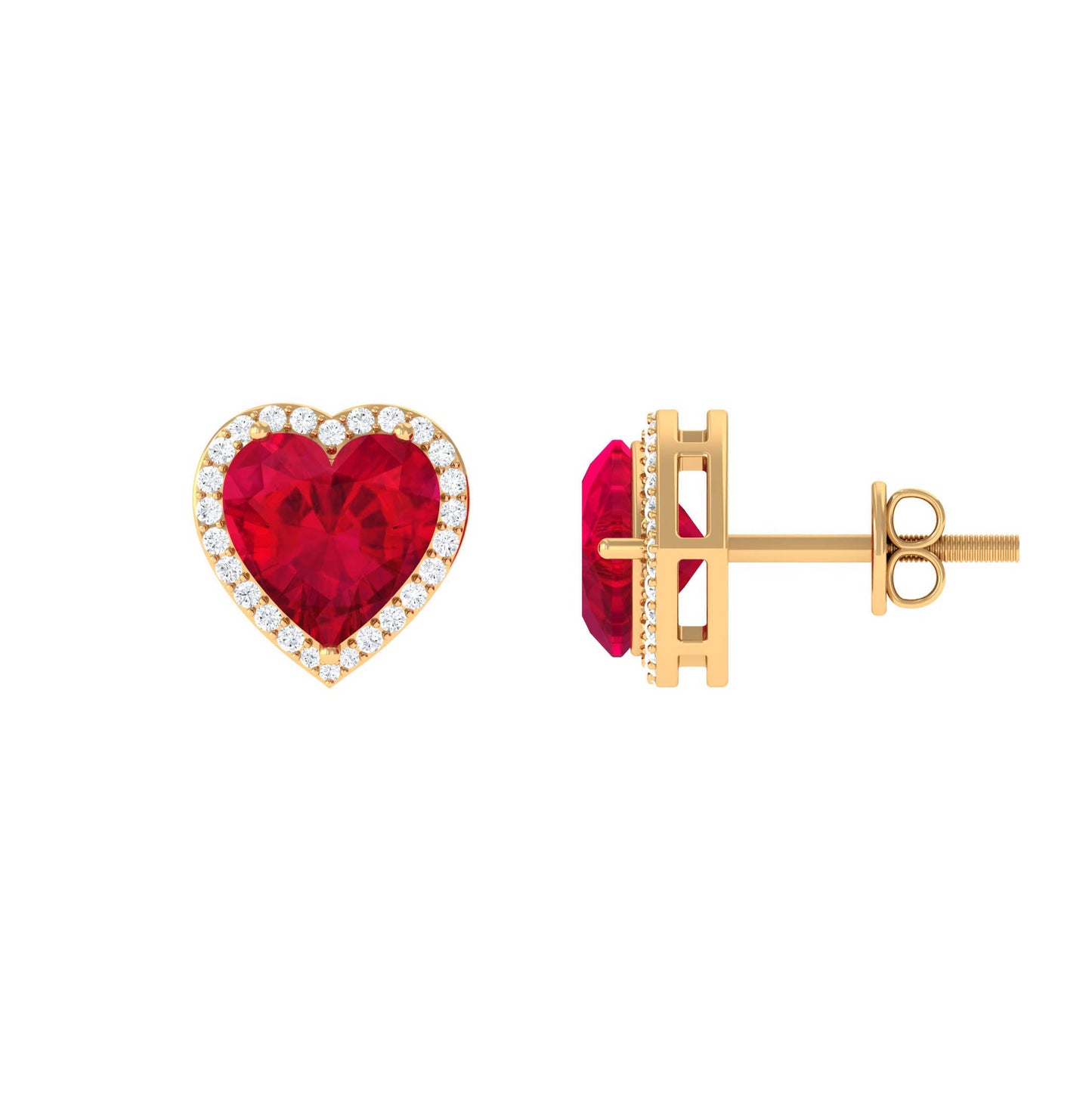 8 MM Heart Shape Created Ruby Halo Stud Earrings with Diamond