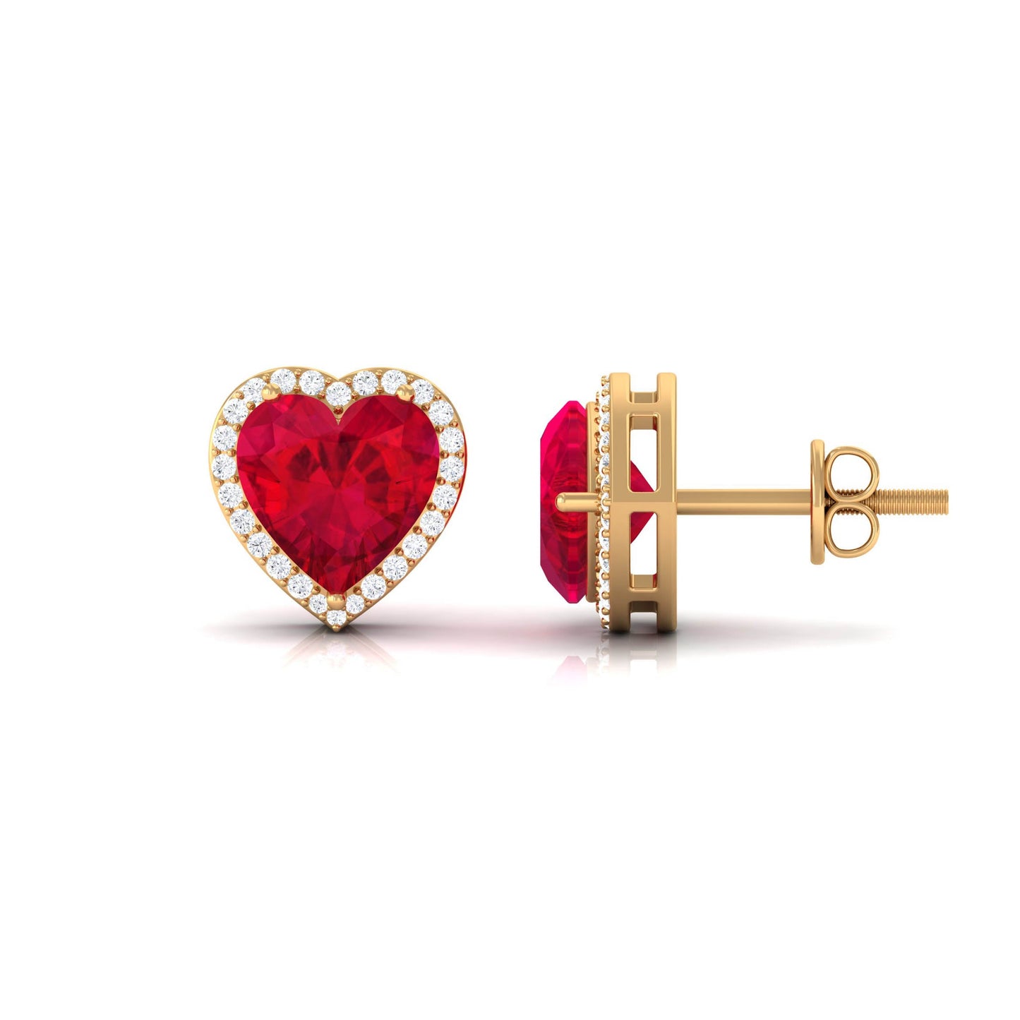 8 MM Heart Shape Created Ruby Halo Stud Earrings with Diamond