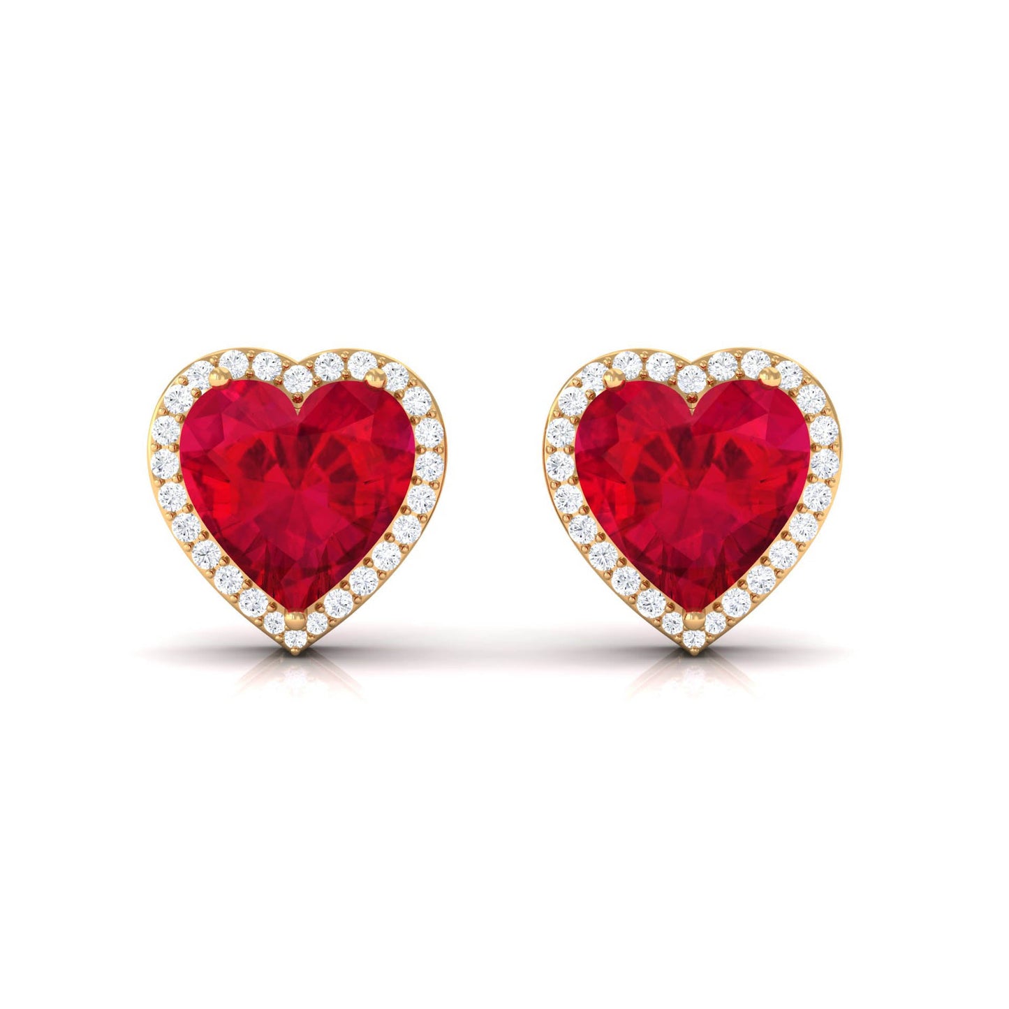 8 MM Heart Shape Created Ruby Halo Stud Earrings with Diamond