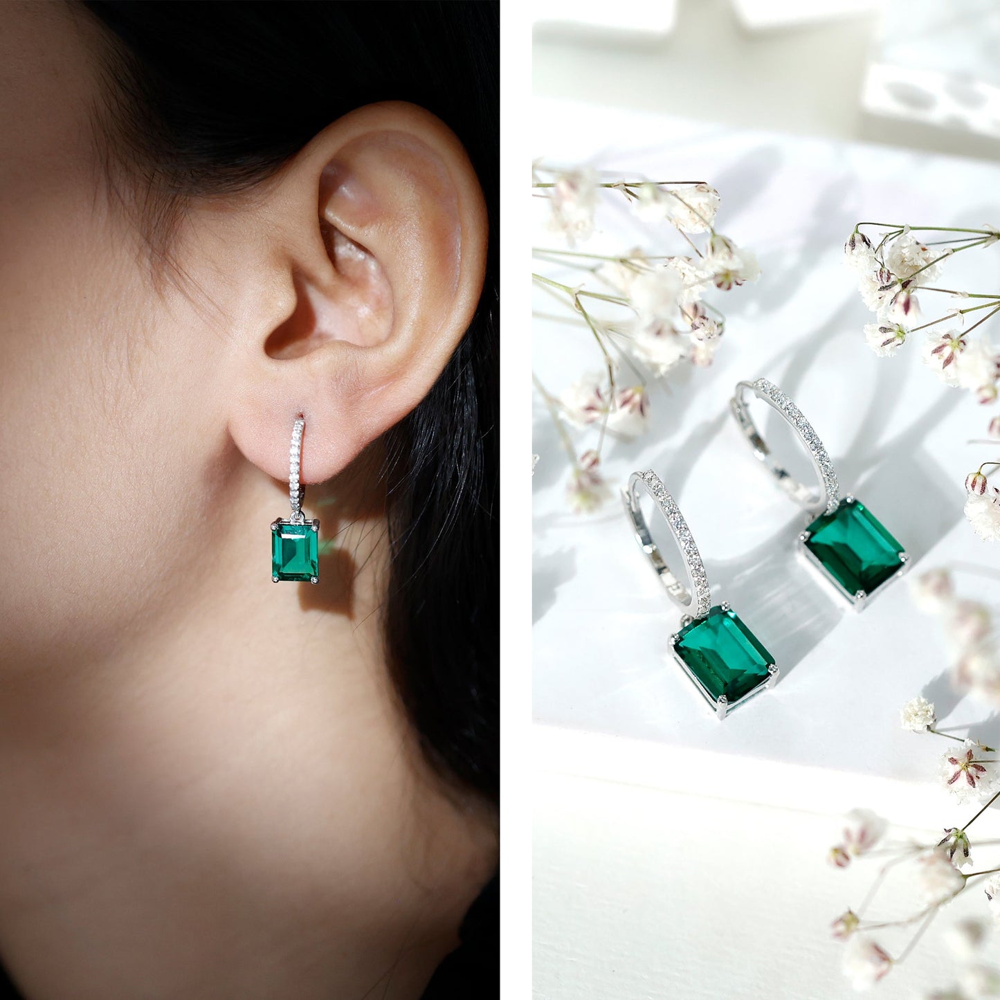 Certified 4.6 Carat Lab Created Emerald Hoop Drop Earrings in Silver