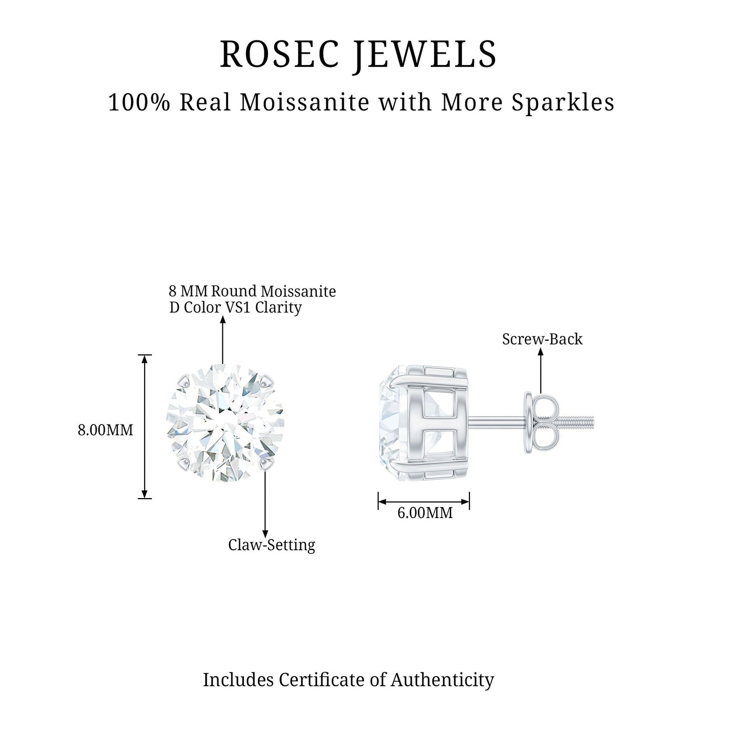 2 Carat Round Cut Moissanite Solitaire Stud Earrings