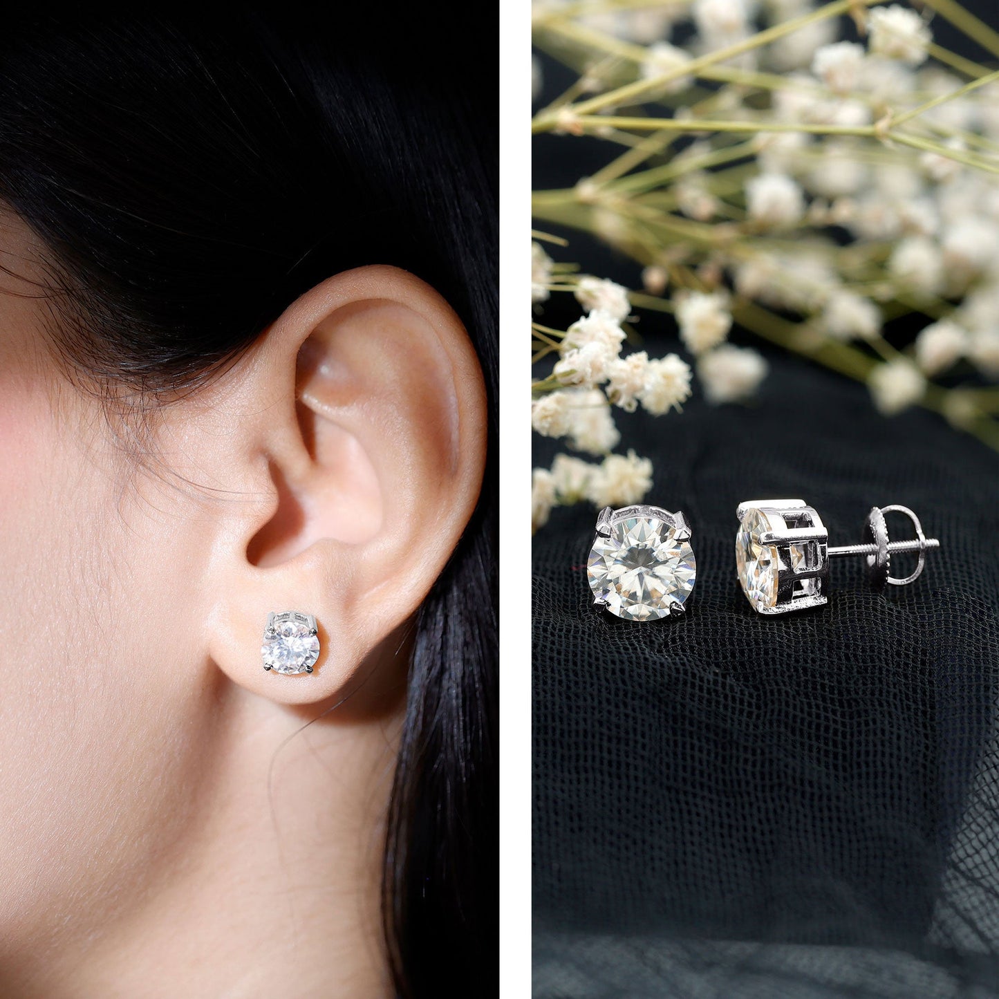2 Carat Round Cut Moissanite Solitaire Stud Earrings
