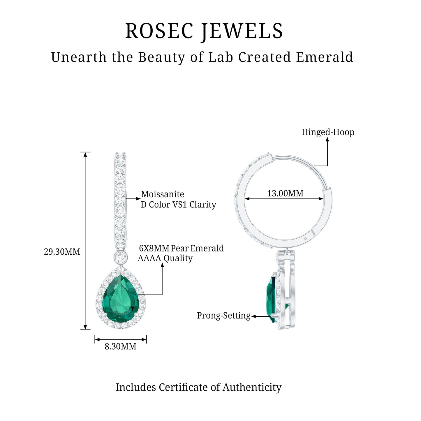 2 Carat Lab Created Emerald Teardrop Hoop Earrings with Moissanite