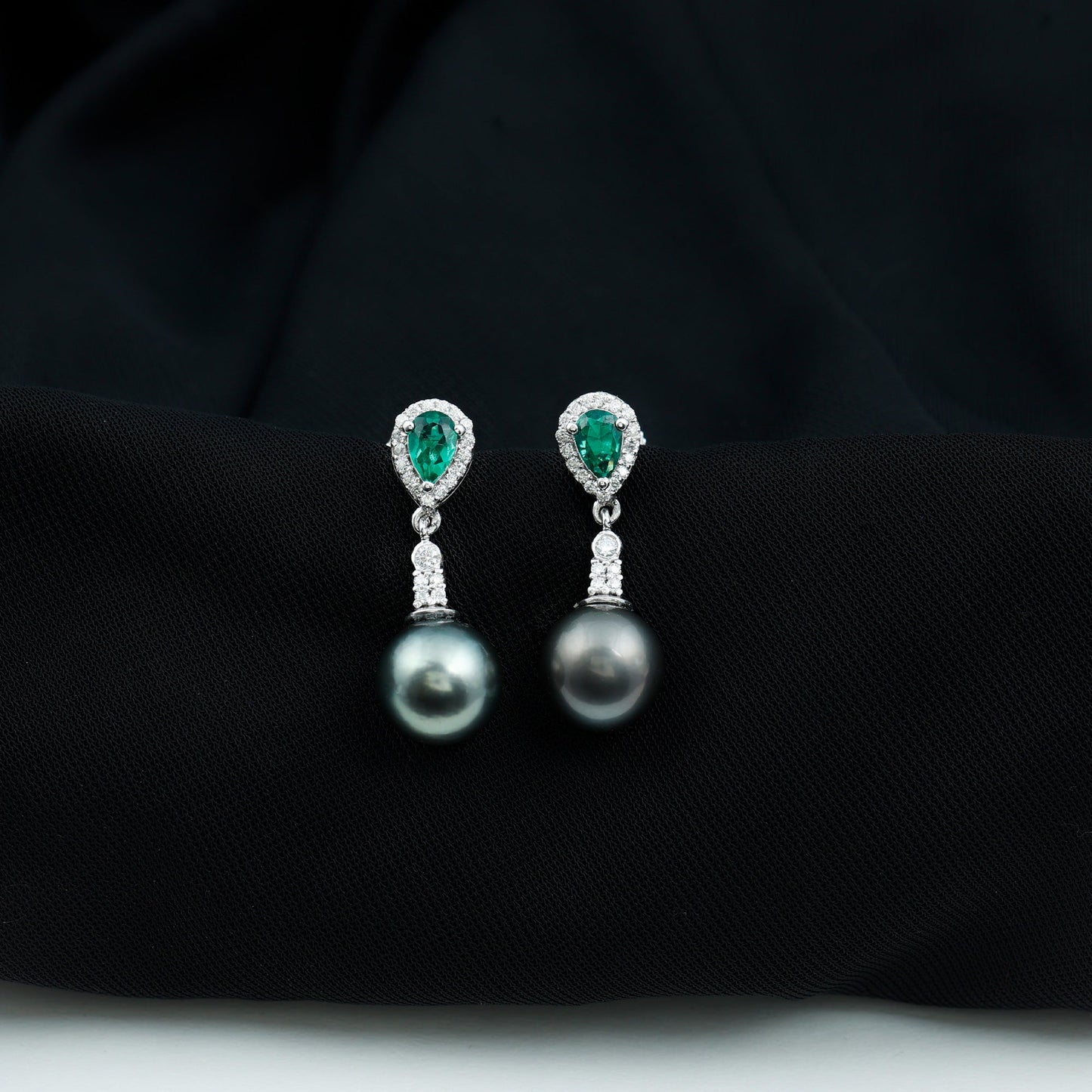 Genuine Black Pearl and Emerald Vintage Drop Earrings