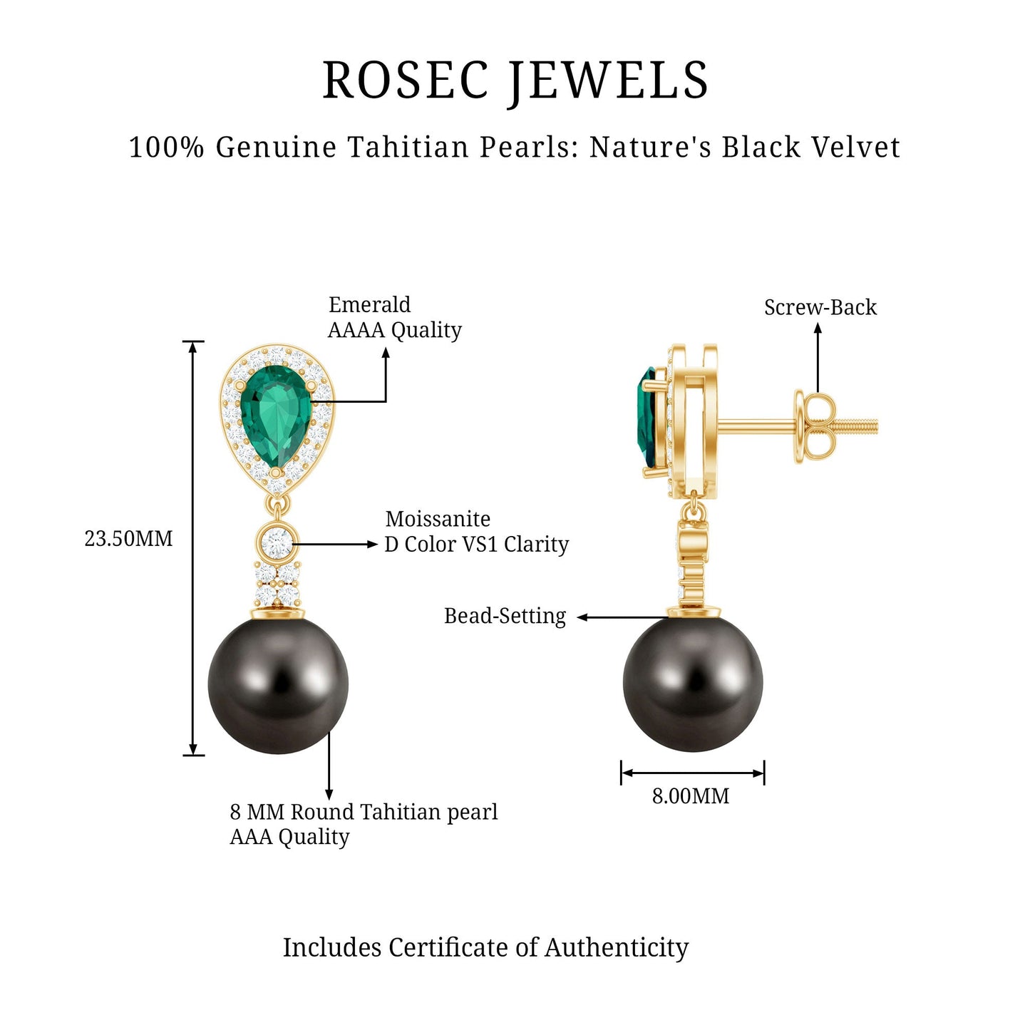 Genuine Black Pearl and Emerald Vintage Drop Earrings