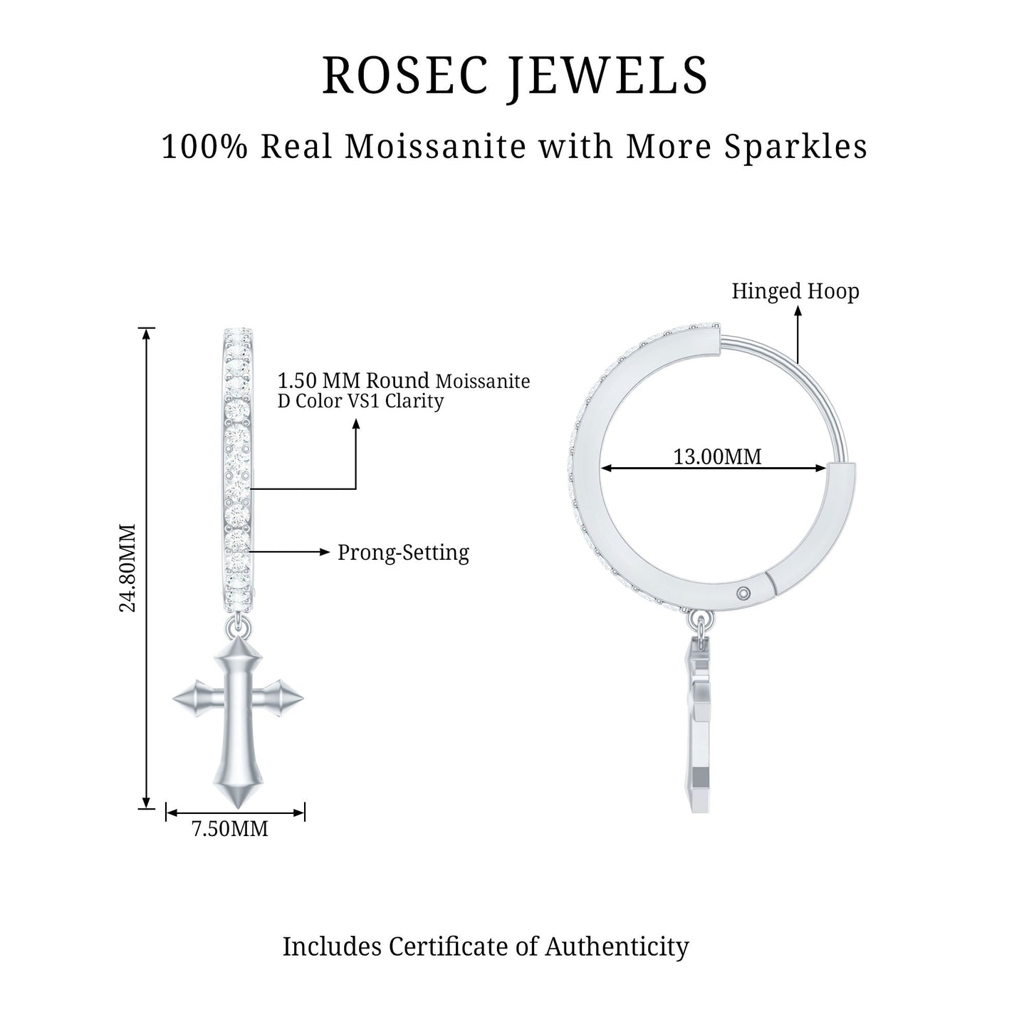 Certified Moissanite Cross Drop Earrings