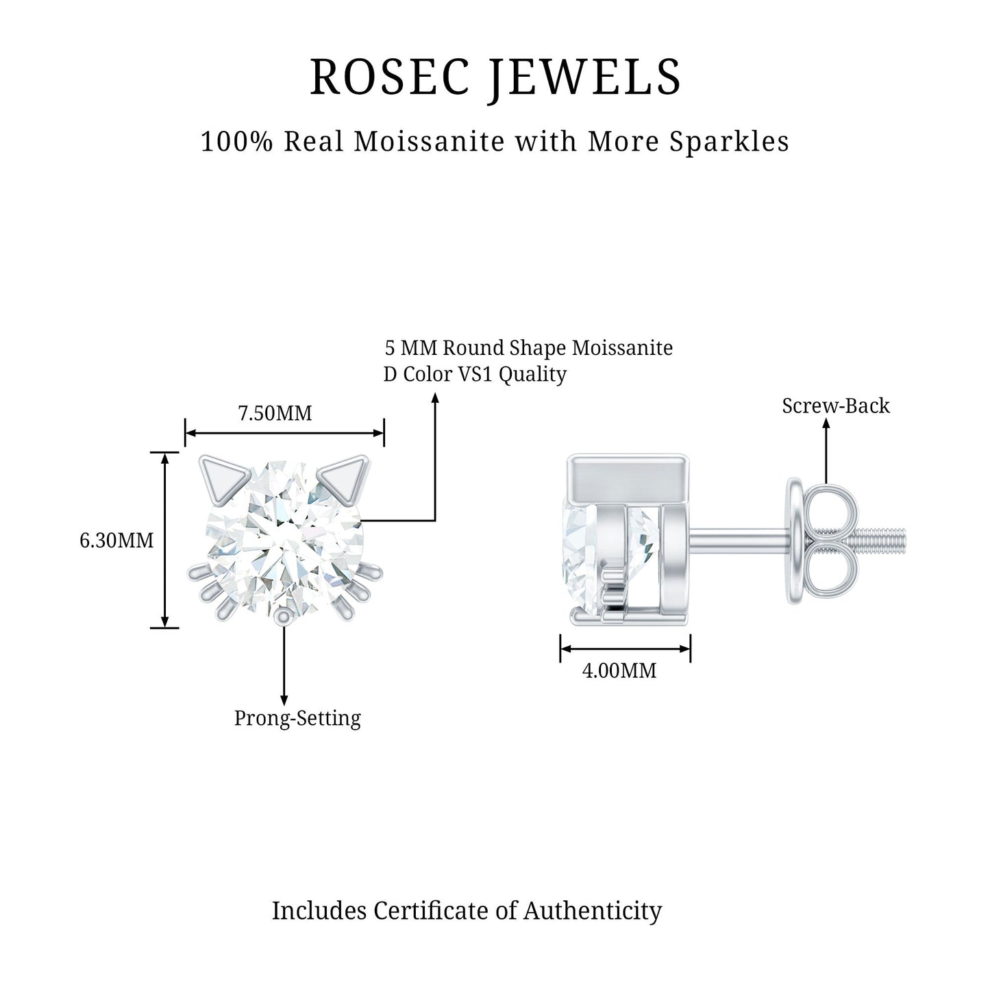 1 CT Solitaire Moissanite Cat Stud Earrings with Screw Back