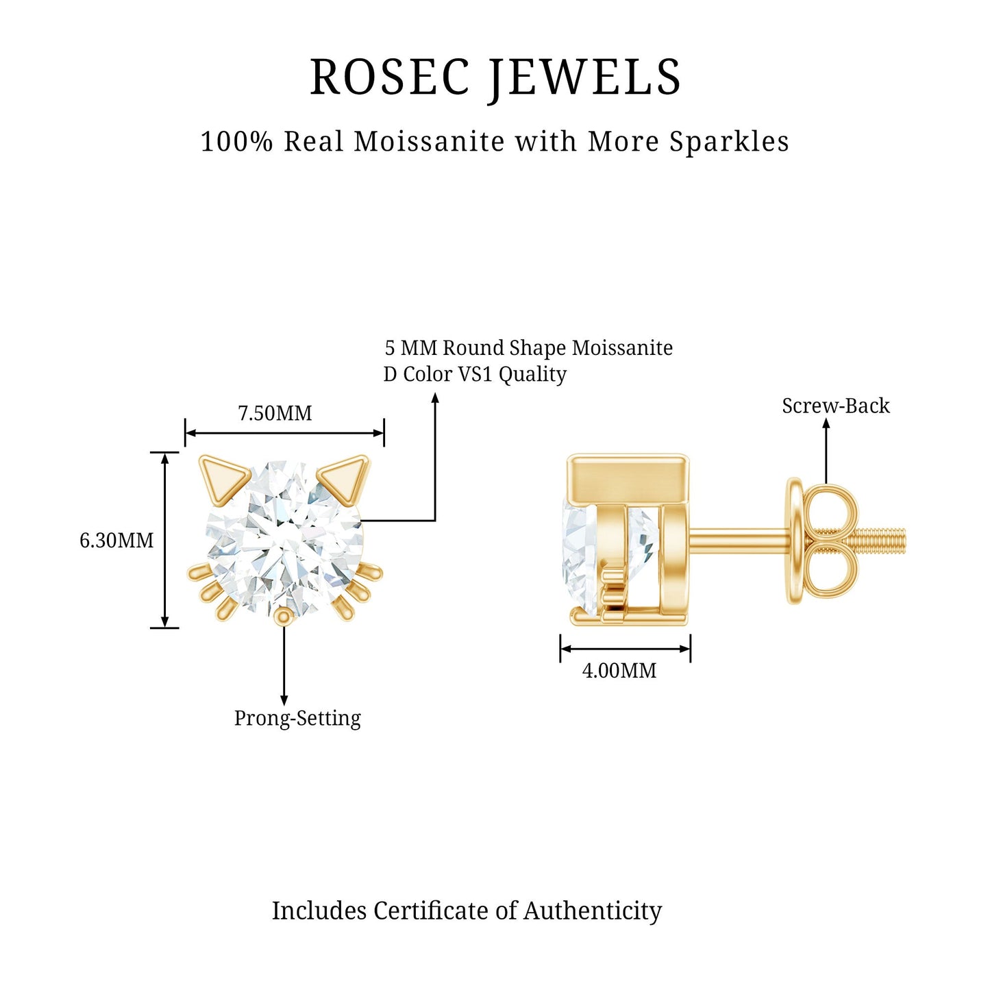 1 CT Solitaire Moissanite Cat Stud Earrings with Screw Back