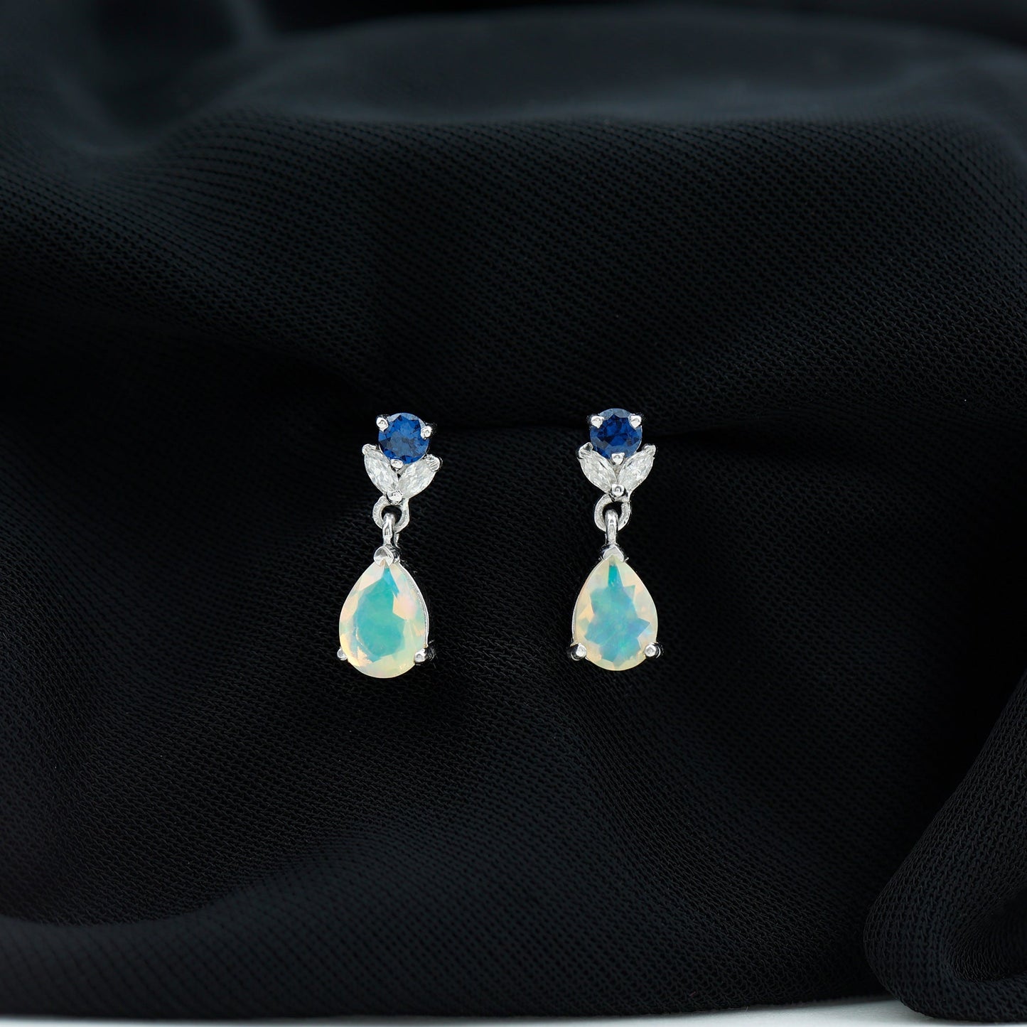 Ethiopian Opal Teardrop Earrings with Lab Blue Sapphire