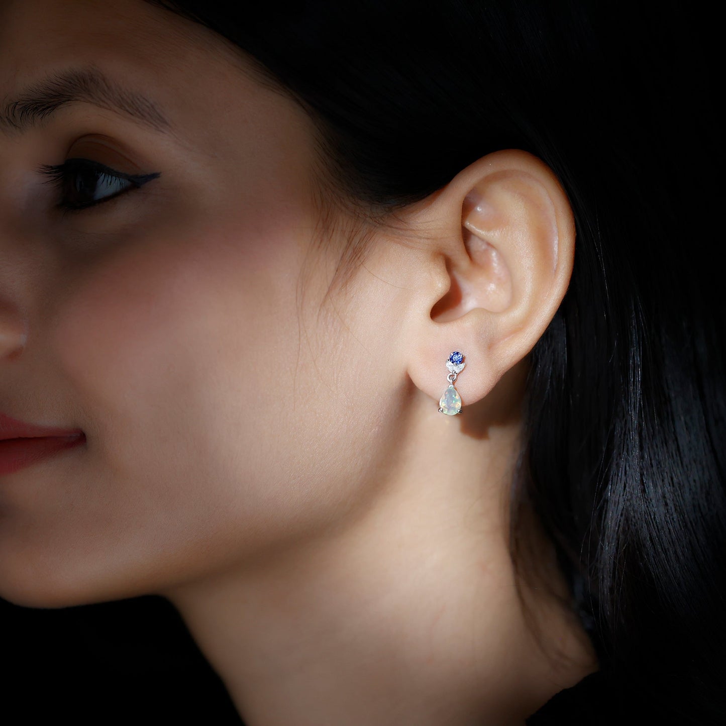 Ethiopian Opal Teardrop Earrings with Lab Blue Sapphire