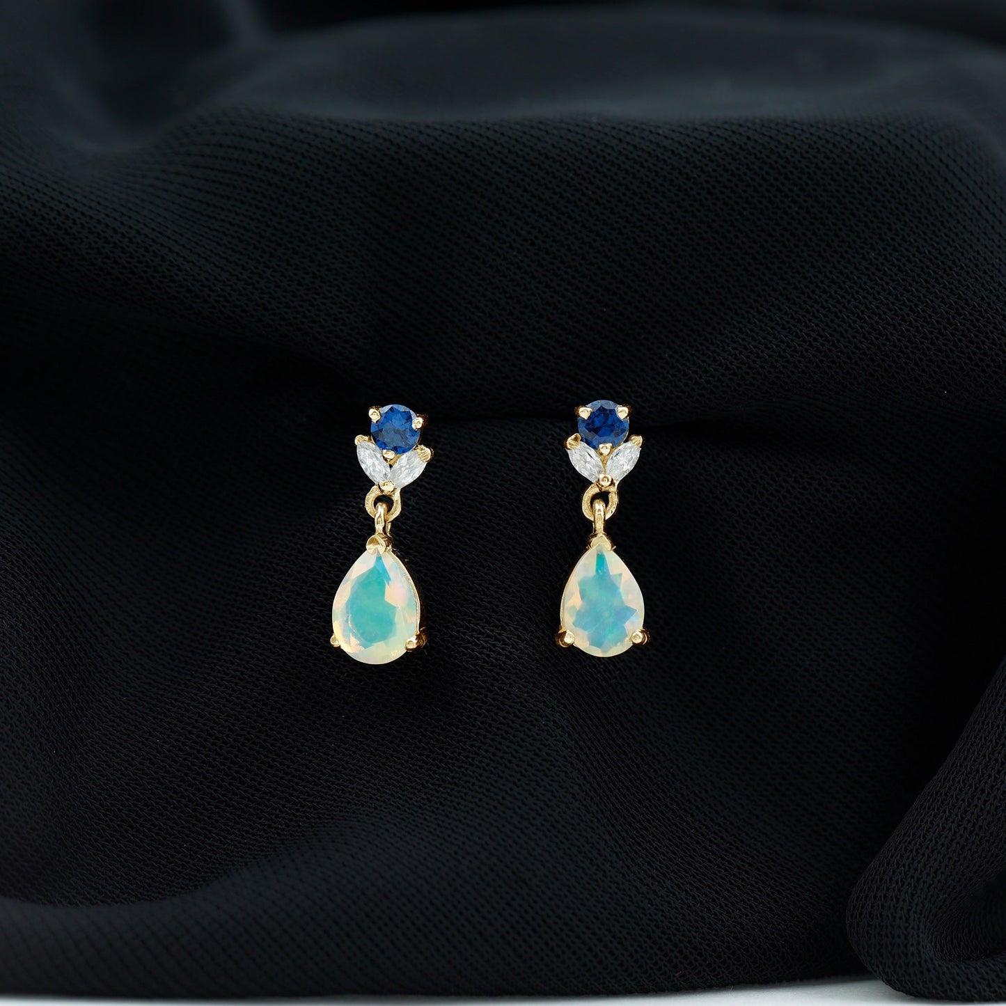 Ethiopian Opal Teardrop Earrings with Lab Blue Sapphire