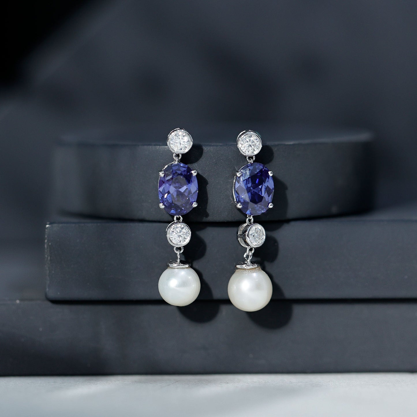 10 CT Created Blue Sapphire and Freshwater Pearl Dangle Earrings with Moissanite