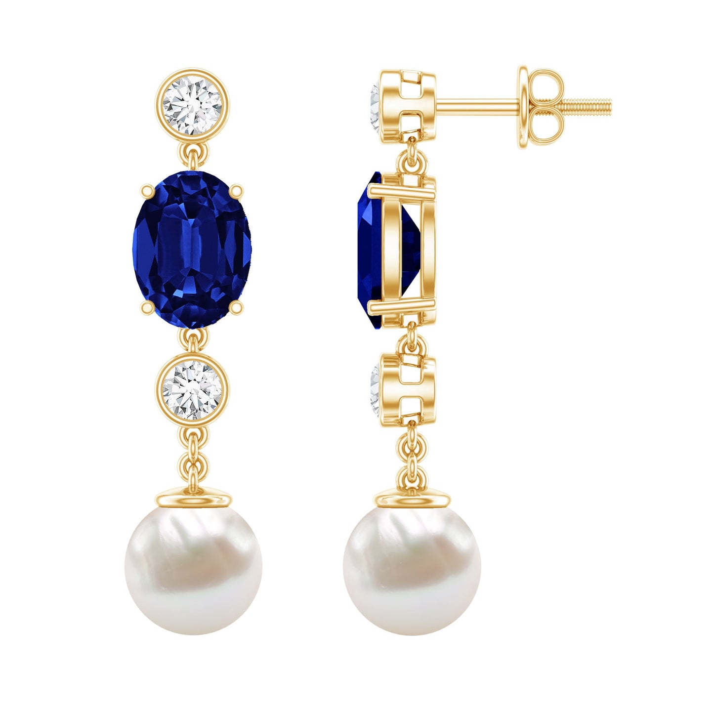 10 CT Created Blue Sapphire and Freshwater Pearl Dangle Earrings with Moissanite