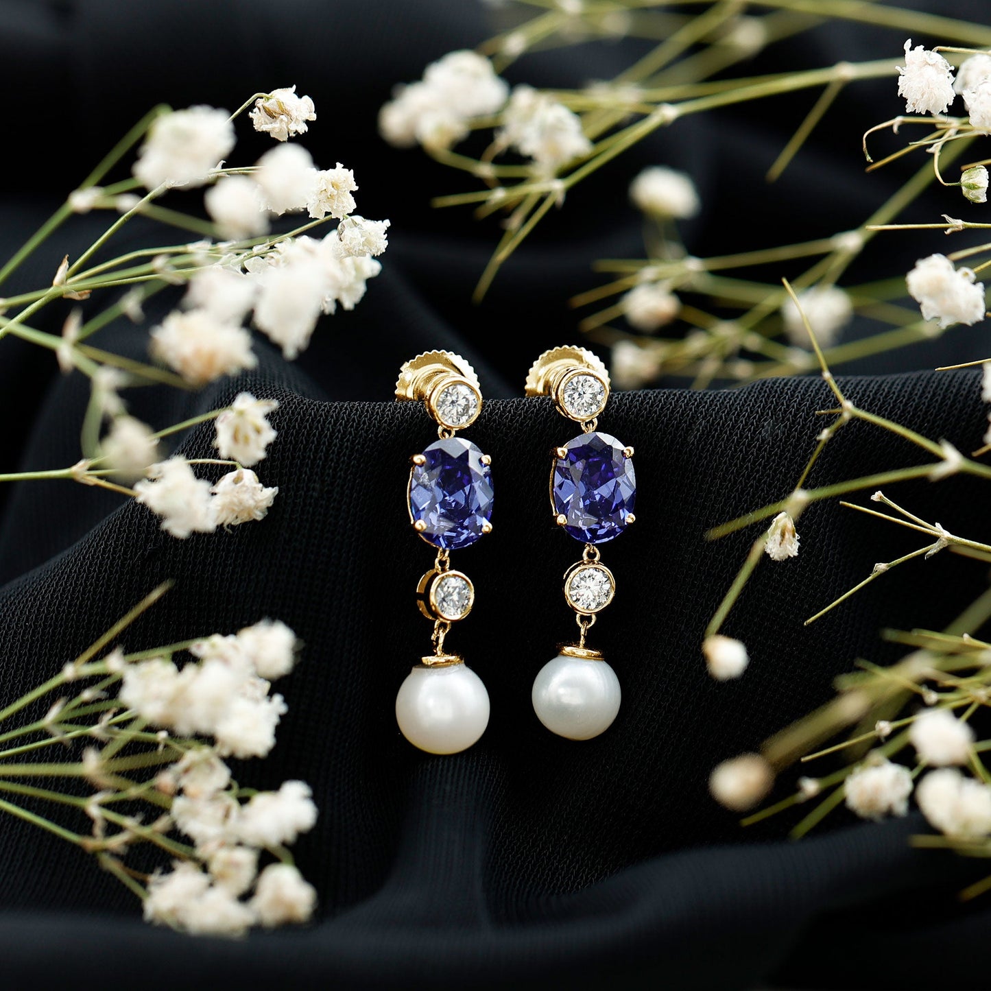 10 CT Created Blue Sapphire and Freshwater Pearl Dangle Earrings with Moissanite