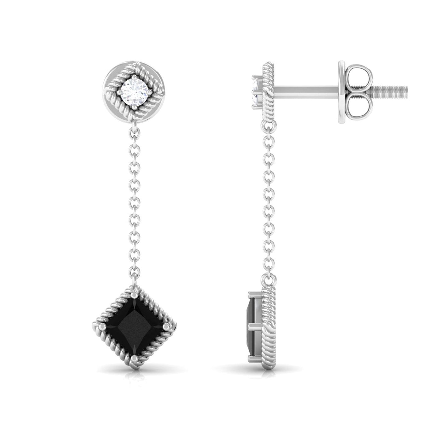 Natural Black Onyx Diamond Chain Dangle Earrings