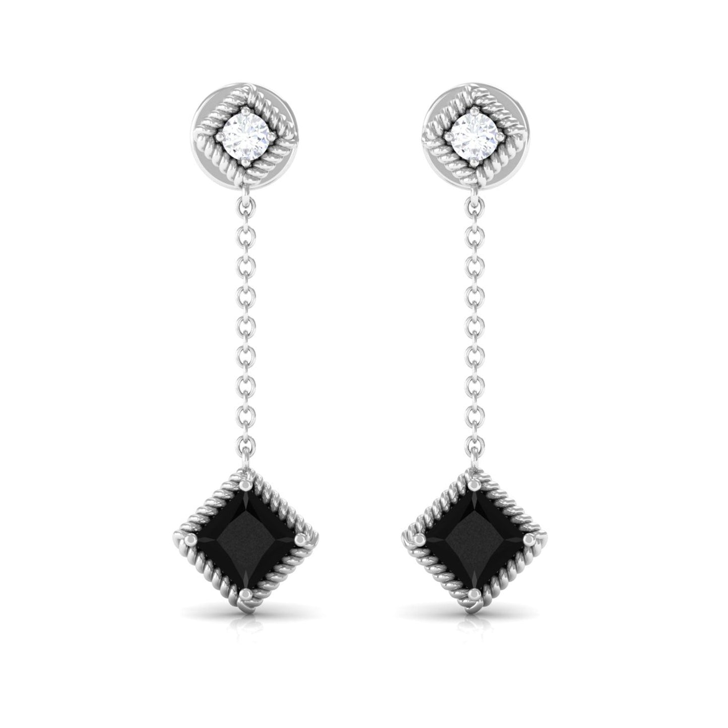 Natural Black Onyx Diamond Chain Dangle Earrings
