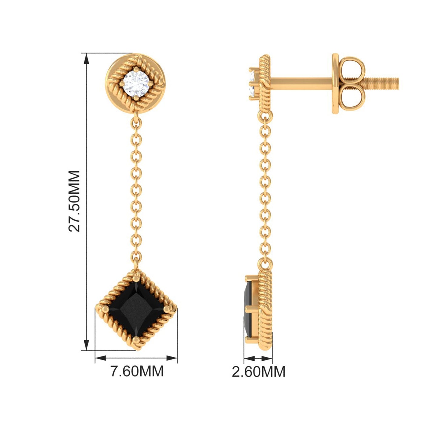 Natural Black Onyx Diamond Chain Dangle Earrings