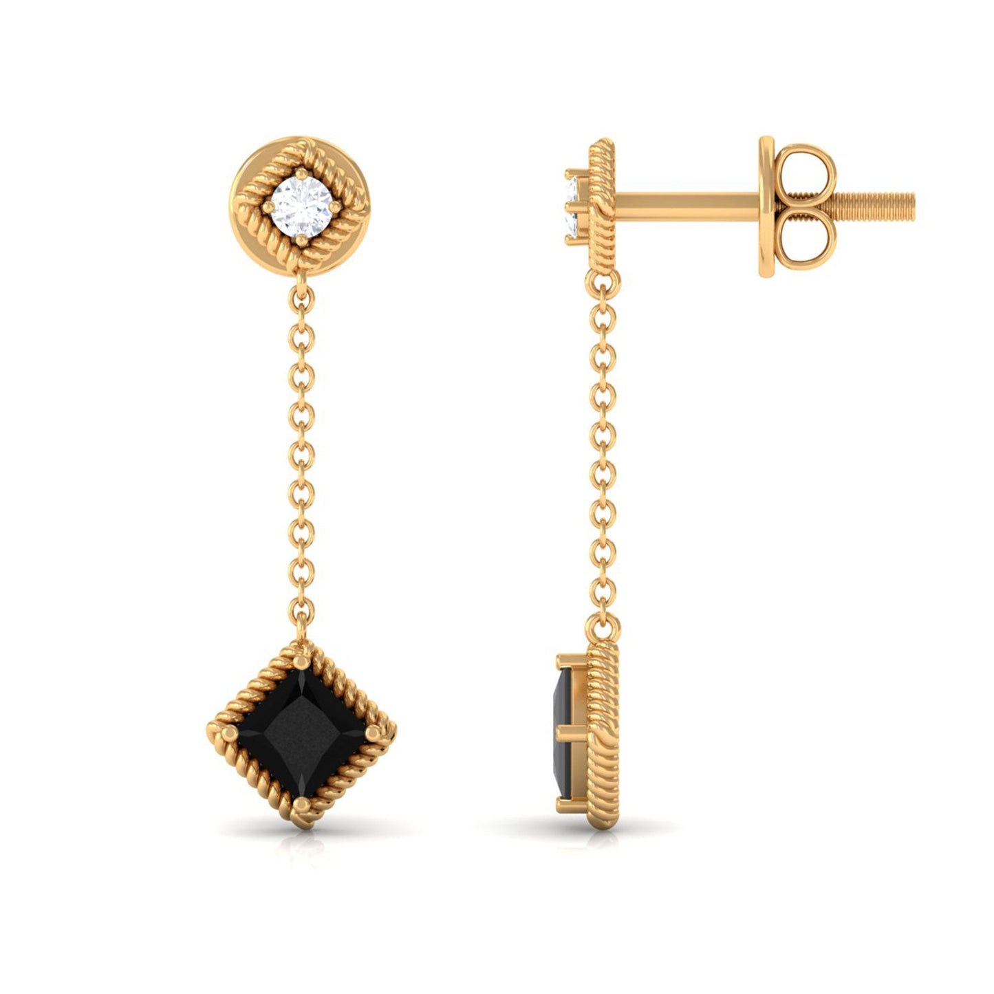 Natural Black Onyx Diamond Chain Dangle Earrings