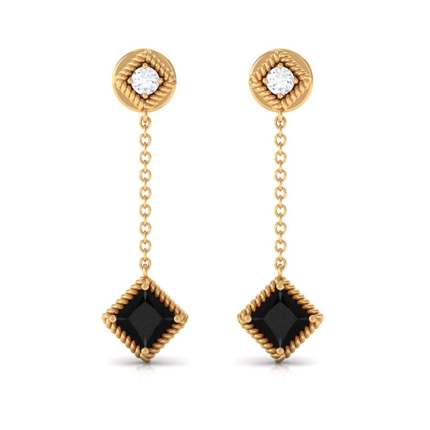 Natural Black Onyx Diamond Chain Dangle Earrings