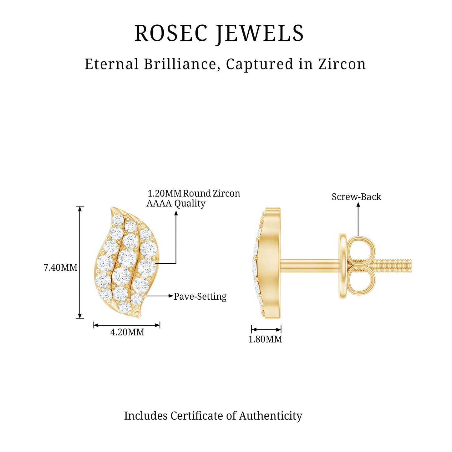 Cubic Zirconia Leaf Stud Earrings in Pave Setting
