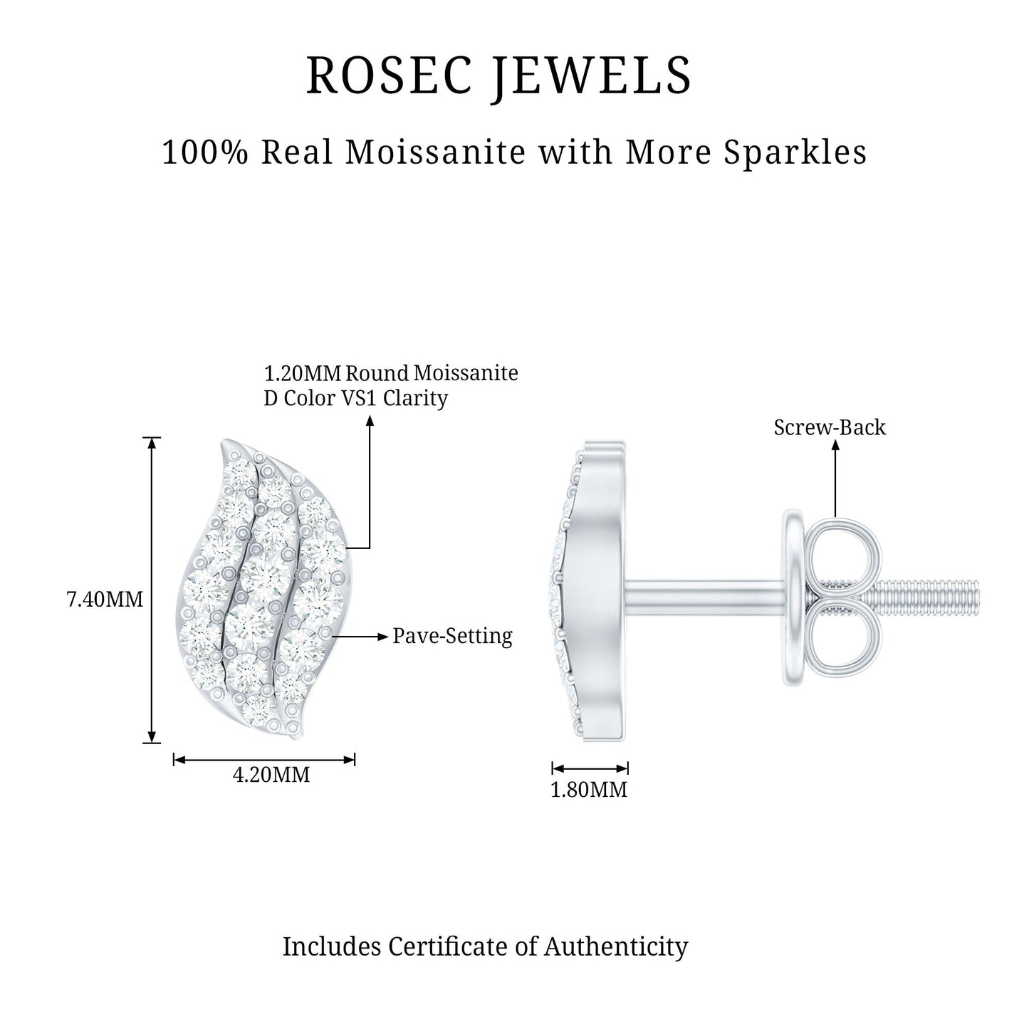 1/4 CT Certified Moissanite Leaf Stud Earrings in Pave Setting