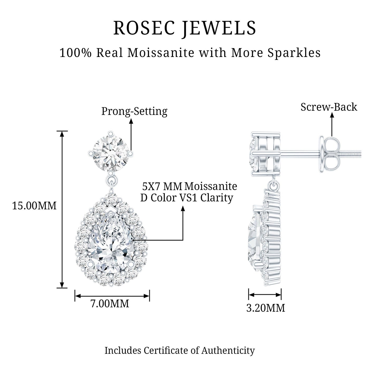 2.50 CT Moissanite Bridal Dangle Earrings in Prong Setting