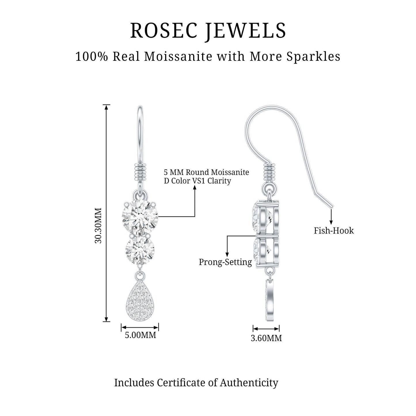 1.75 CT Moissanite Minimal Dangle Earrings in Gold
